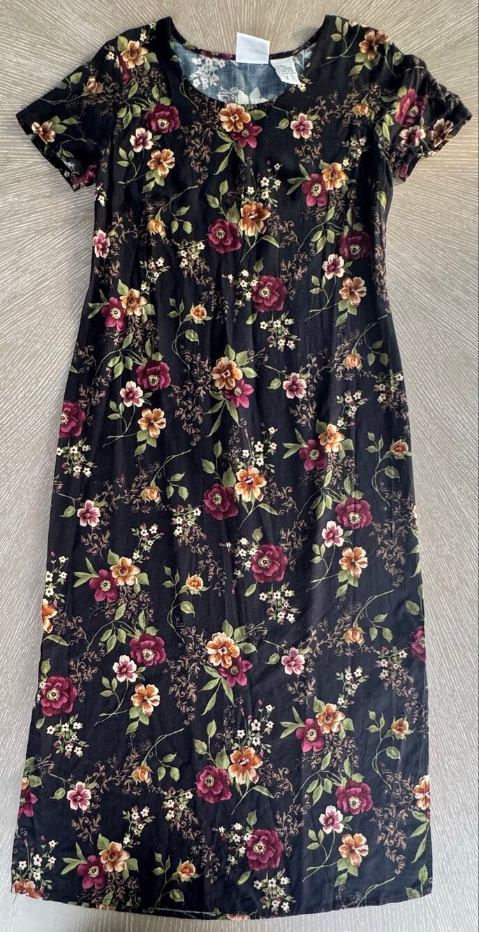 Vintage 90s Studio Ease Black Floral Rayon Midi Maxi Dress Slits Size 10